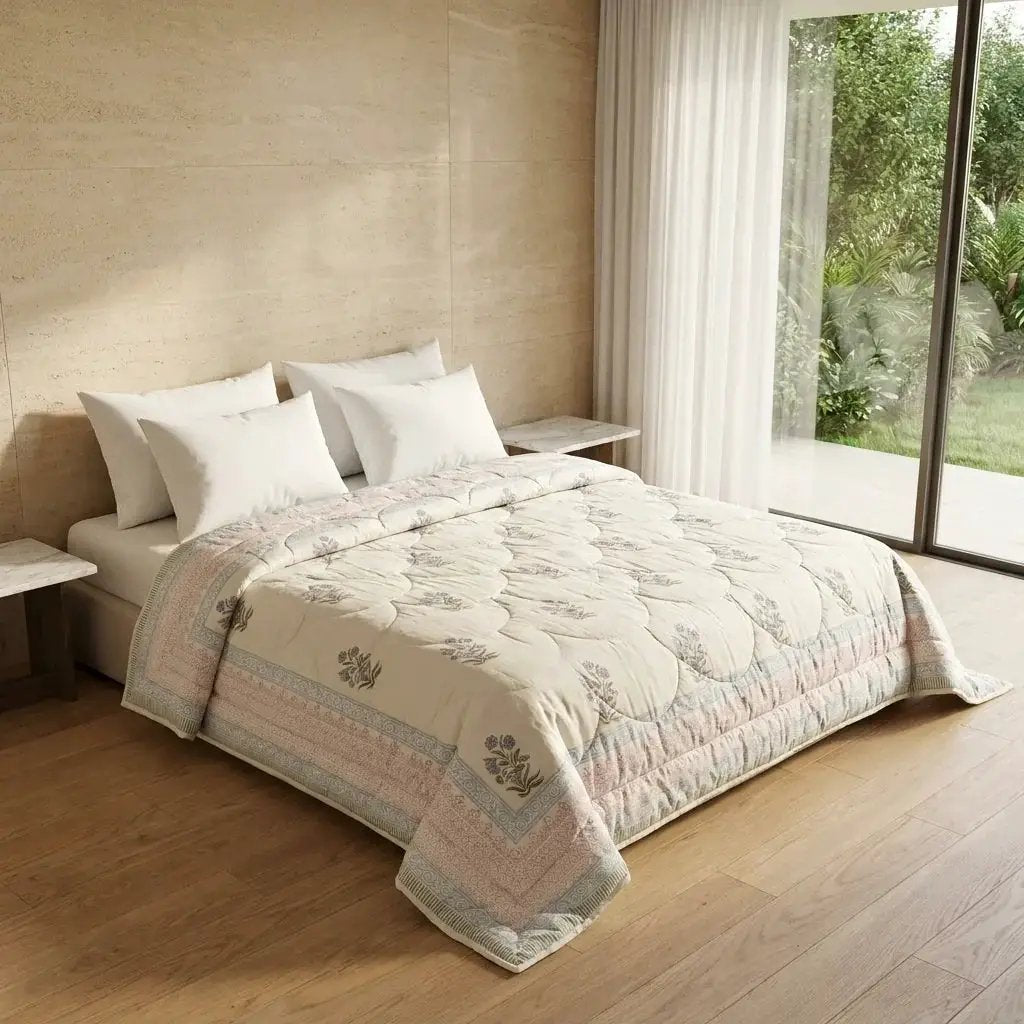 House of Avana Cream & Burgundy Slate Floral Jaipur Indian Hand Block Print Quilted Comforter by House Of Avana