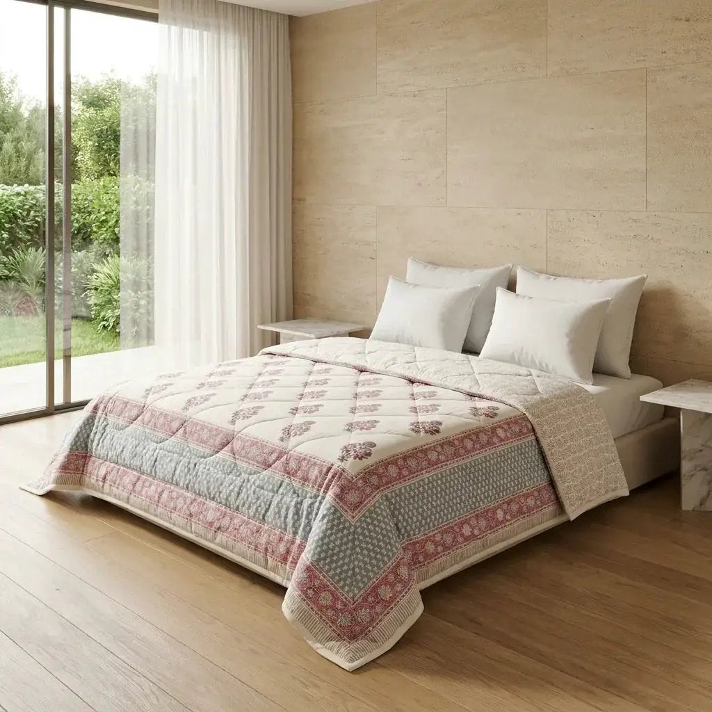 House of Avana Cream & Charcoal Taupe Floral Jaipur Indian Hand Block Print Quilted Comforter by House Of Avana