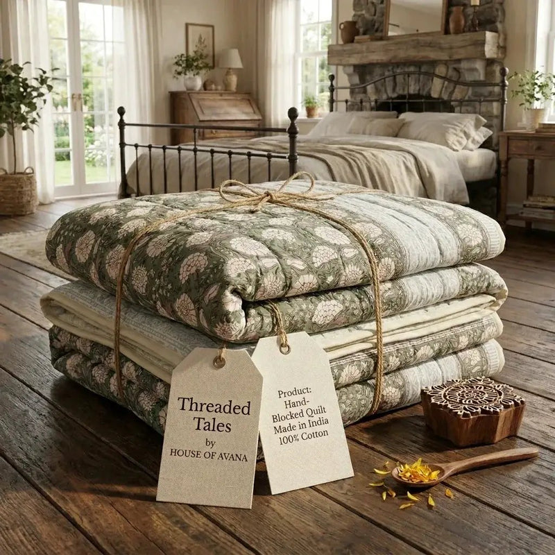 House of Avana Cream & Golden Yellow Rust Floral Jaipur Indian Hand Block Print Quilted Comforter by House Of Avana