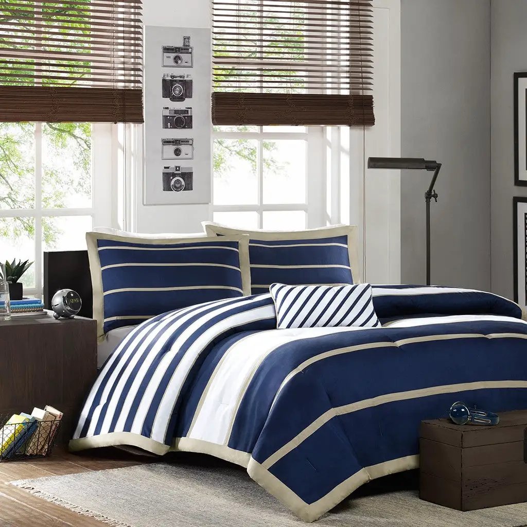 Full / Queen size Comforter Set in Navy Blue White Khaki Stripe by HomePacific