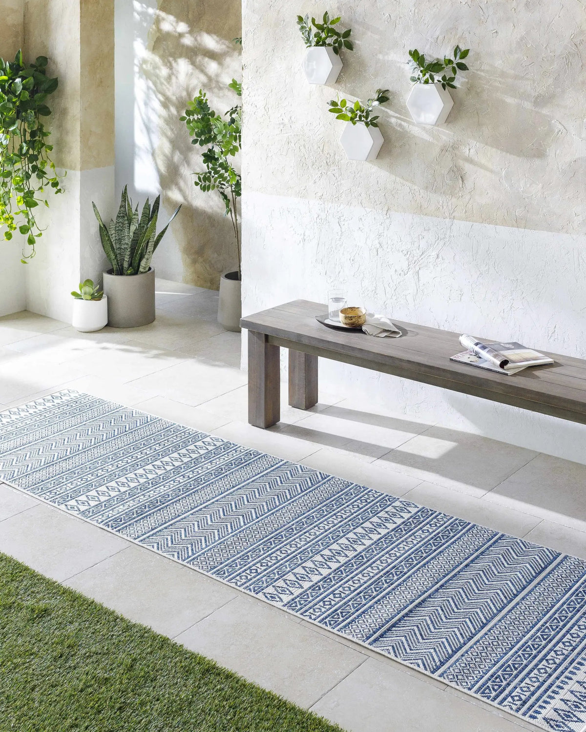 Madras Light Blue Green All Over Performance Outdoor Area Rug, installed in a room 3