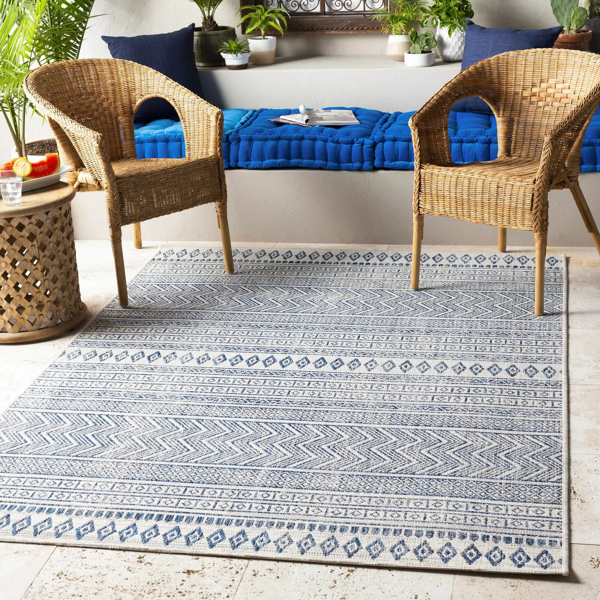 Madras Light Blue Green All Over Performance Outdoor Area Rug, installed in a room 2