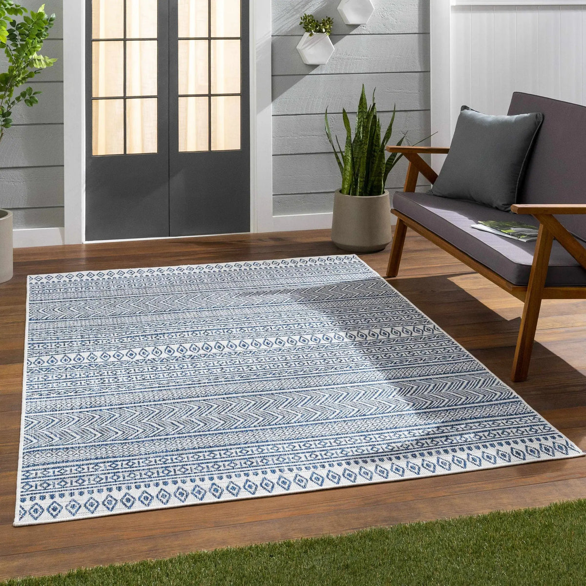 Madras Light Blue Green All Over Performance Outdoor Area Rug, installed in a room 7