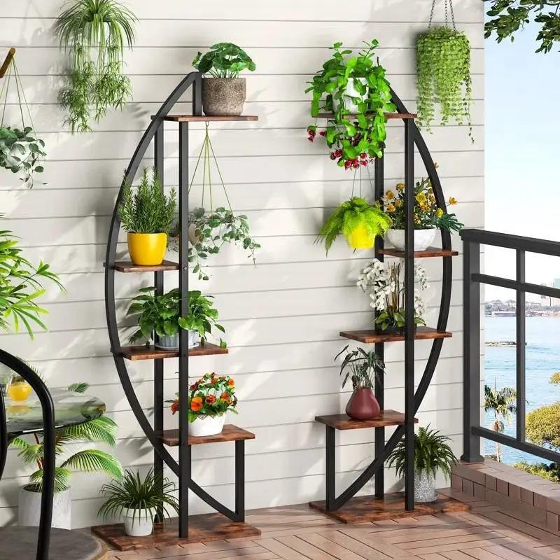 Set of 2 - Symmetrical Modern Metal Wood 10-Shelf Plant Stand by HomePacific