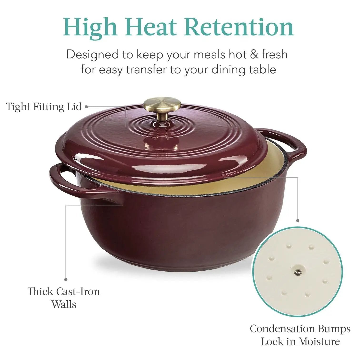 6 Quart Large Maroon Cabernet Red Enamel Cast-Iron Dutch Oven Kitchen Cookware by HomePacific