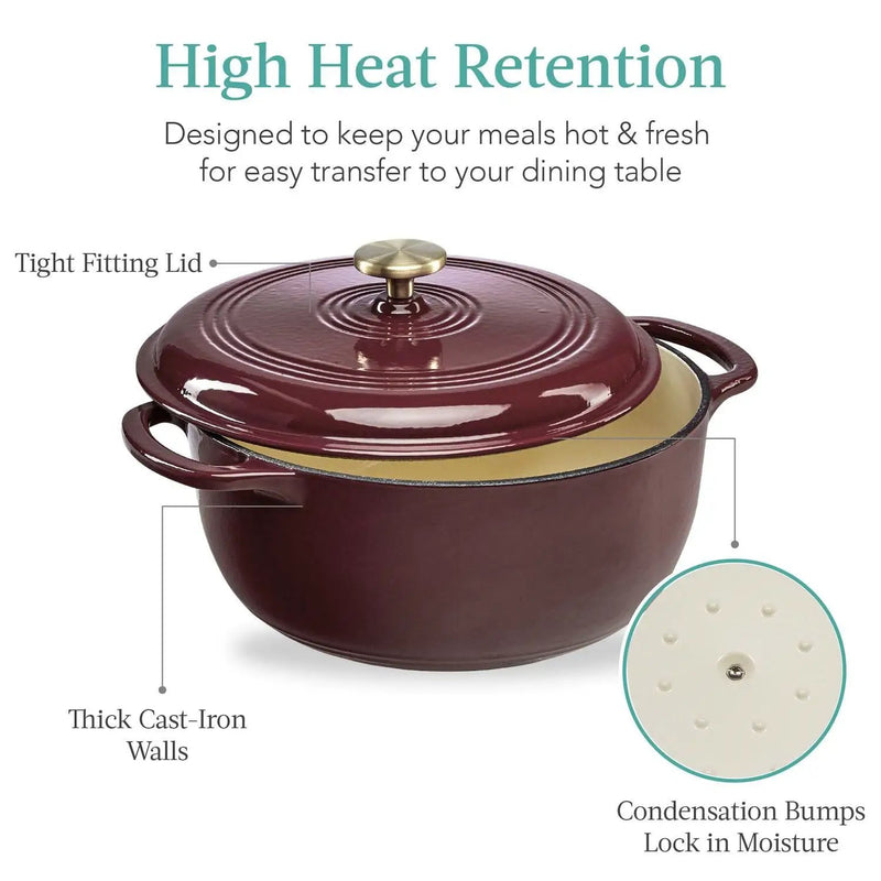 6 Quart Large Maroon Cabernet Red Enamel Cast-Iron Dutch Oven Kitchen Cookware by HomePacific