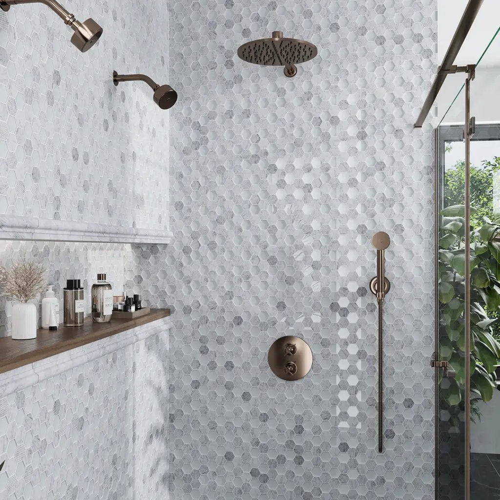 White 12x12 Polished Etched Hexagon Bianco Carrara Glass Marble Mosaic Tile (5 pack, 4.92 sq ft/case) by Apollo Tile