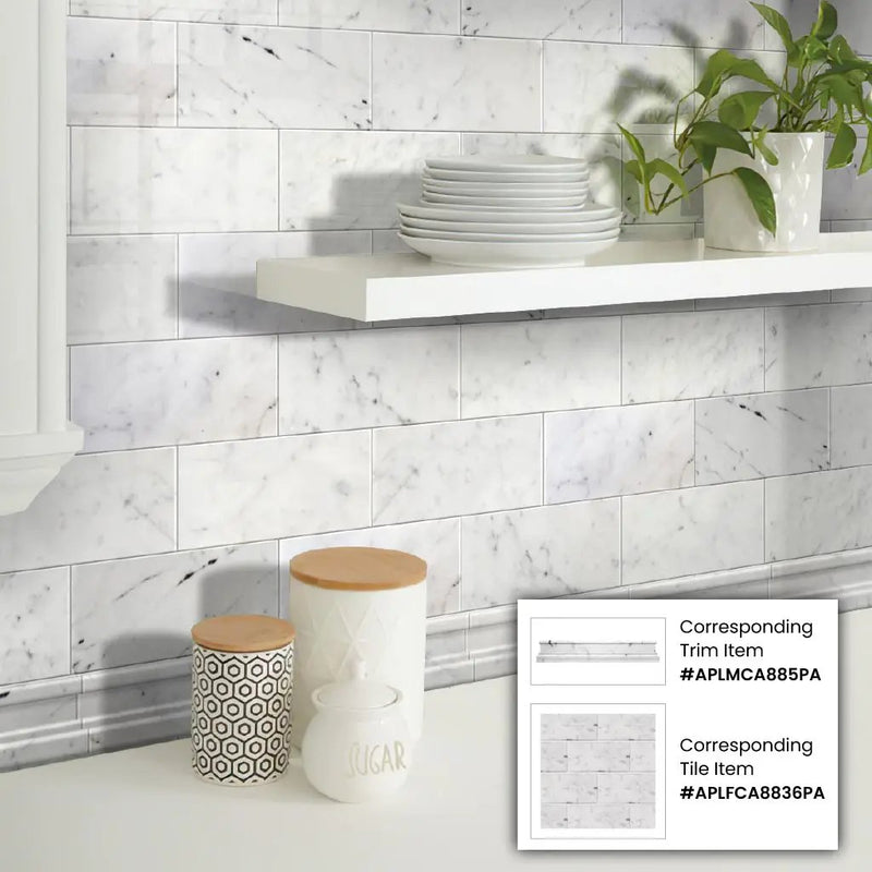 White 2x12 Polished Bianco Carrara Chair Rail Marble Tile Trim (10 pack, 1.667 sq ft/case) by Apollo Tile