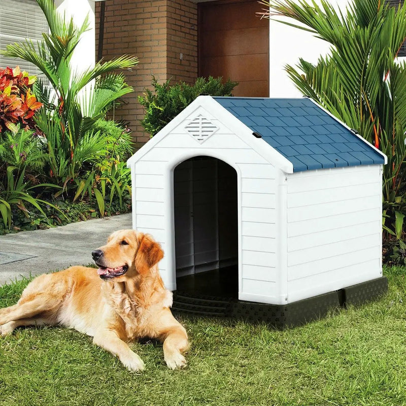 Medium size Dog House Outdoor White Blue Plastic with Elevated Floor by HomePacific
