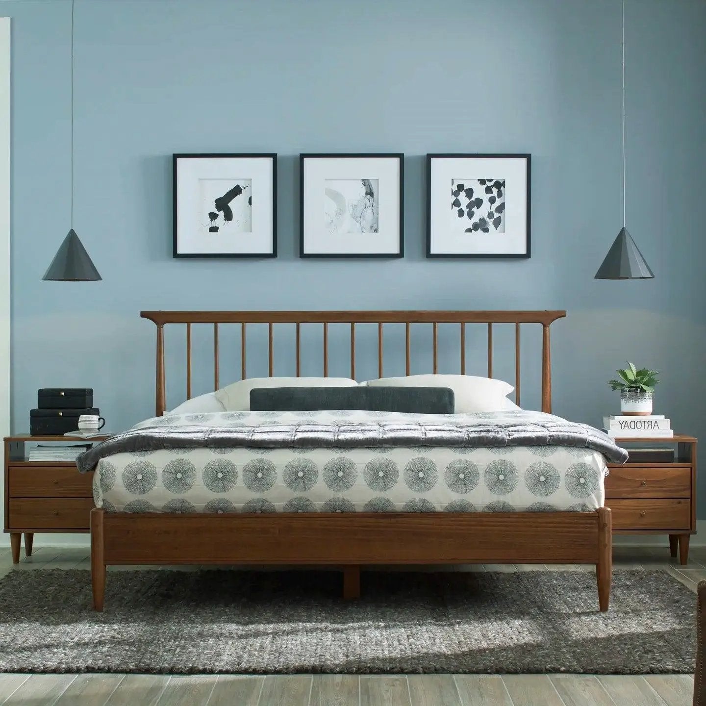 King Size Hardwood Mid Century Platform Bed Frame with Headboard in Walnut by HomePacific