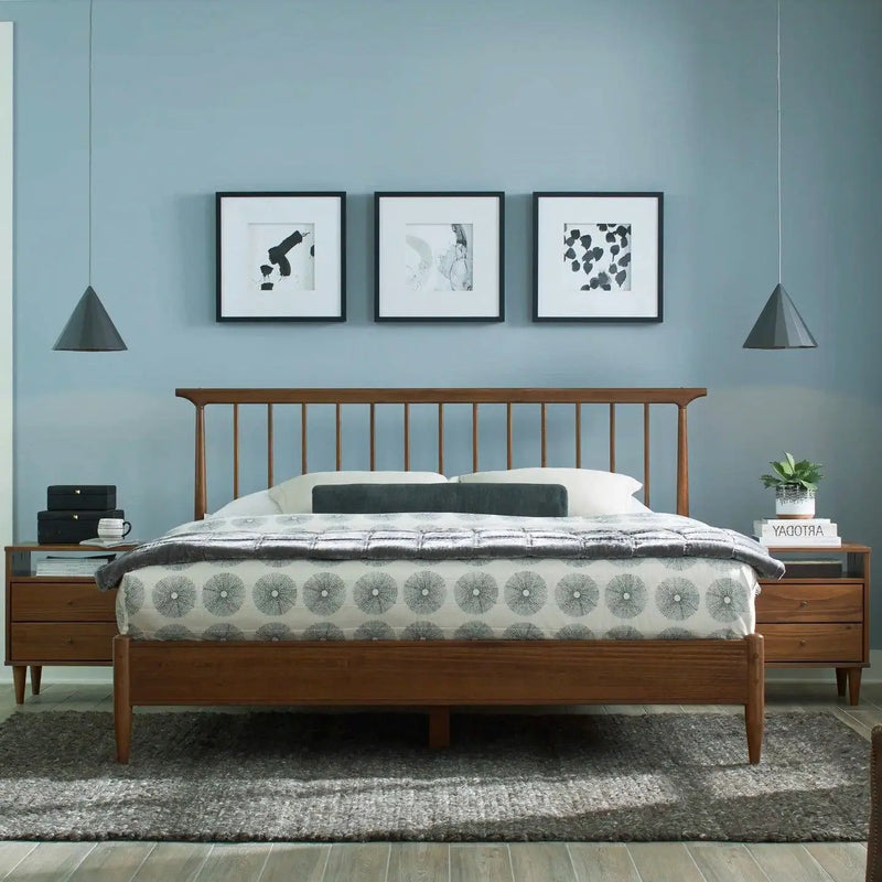 King Size Hardwood Mid Century Platform Bed Frame with Headboard in Walnut by HomePacific