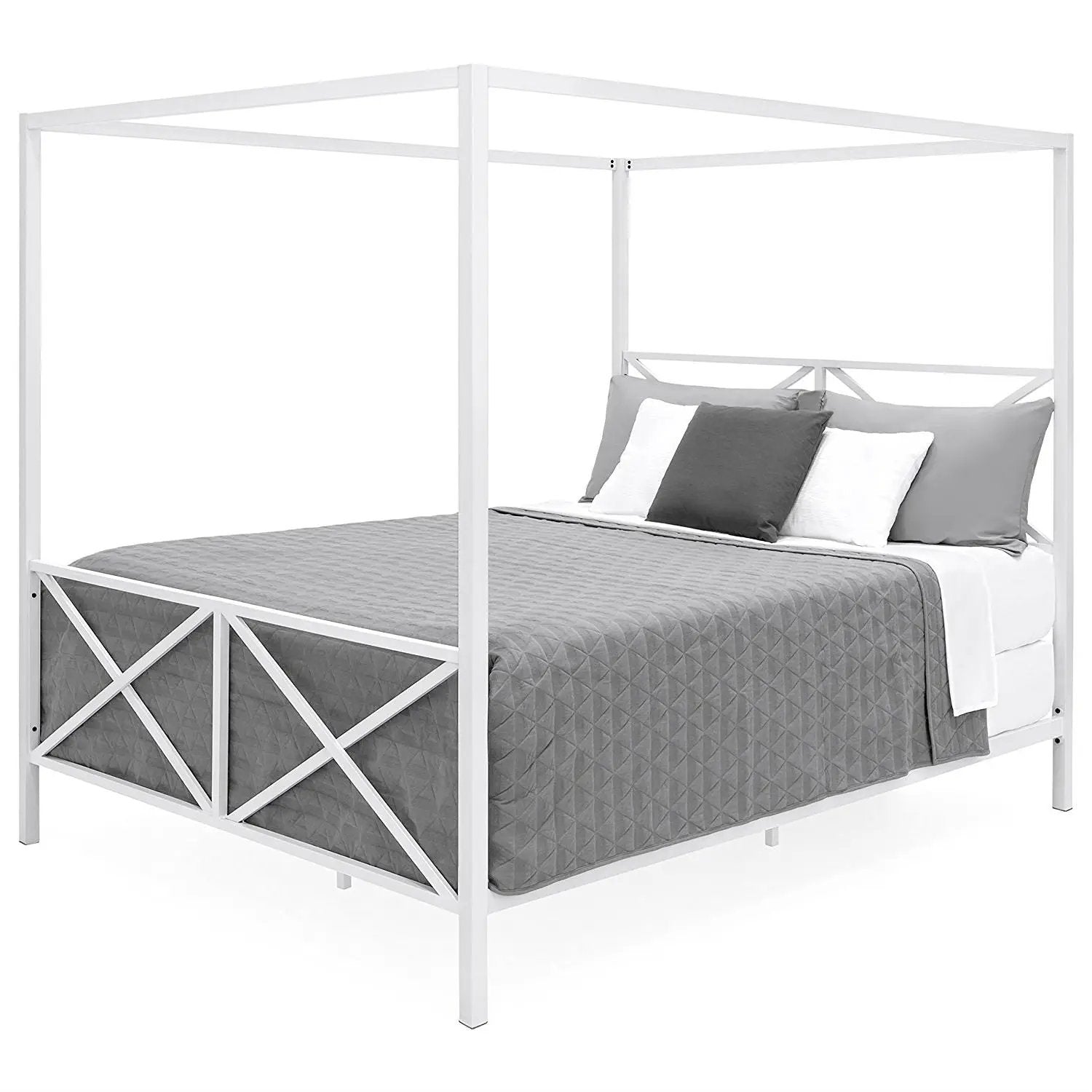 Queen size Modern Industrial Style White Metal Canopy Bed Frame by HomePacific