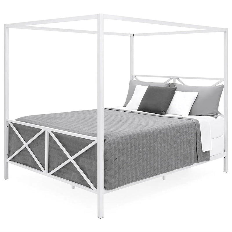 Queen size Modern Industrial Style White Metal Canopy Bed Frame by HomePacific