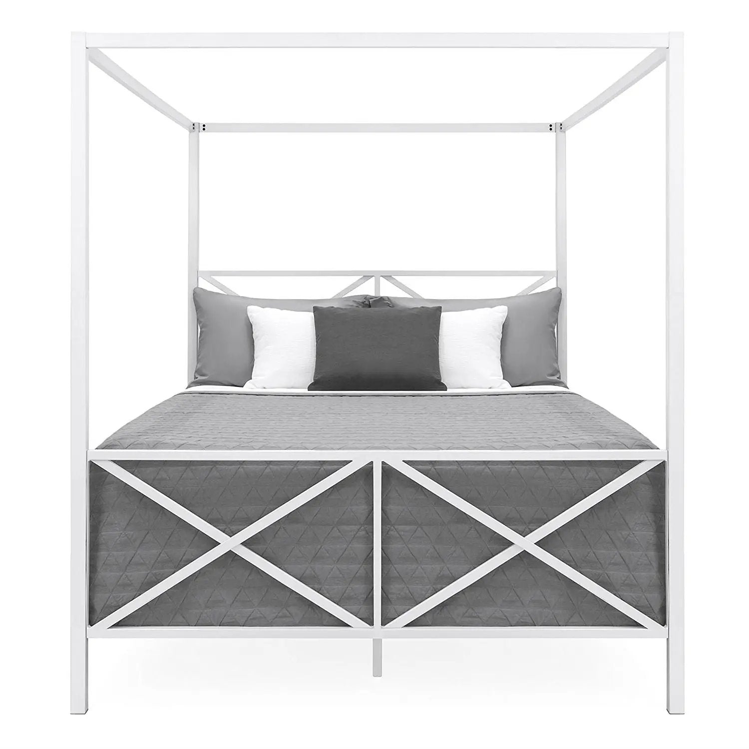 Queen size Modern Industrial Style White Metal Canopy Bed Frame by HomePacific