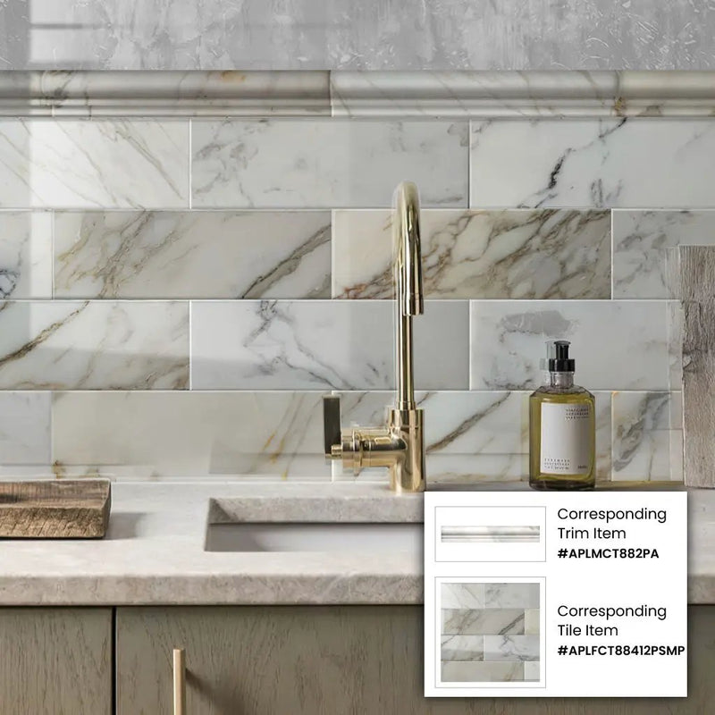 White 2x12 Calacatta Gold Polished Chair Rail Marble Tile Trim (10 pack, 1.667 sq ft/case) by Apollo Tile
