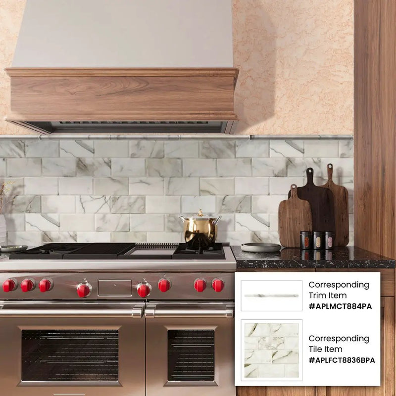 Snow White 0.8x12 Polished Calacatta Gold Pencil Marble Tile Trim (10 pack, 0.667 sq ft/case) by Apollo Tile