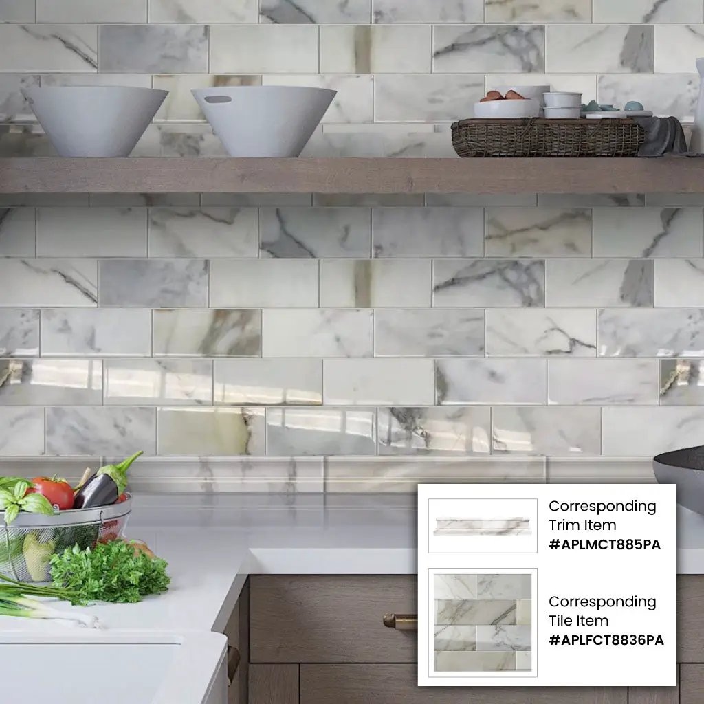 White 3x6 Polished Subway Calacatta Gold Marble Tile (40 pack, 5 sq ft/case) by Apollo Tile