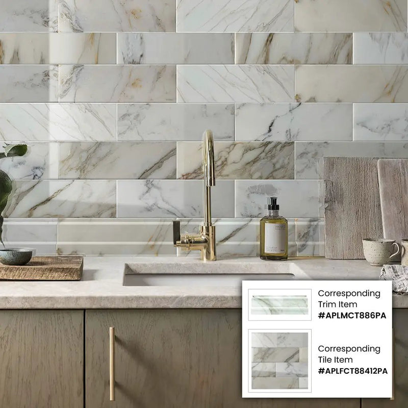 White 4x12 Polished Calacatta Gold Baseboard Marble Tile Trim (10 pack, 3.33 sq ft/case) by Apollo Tile