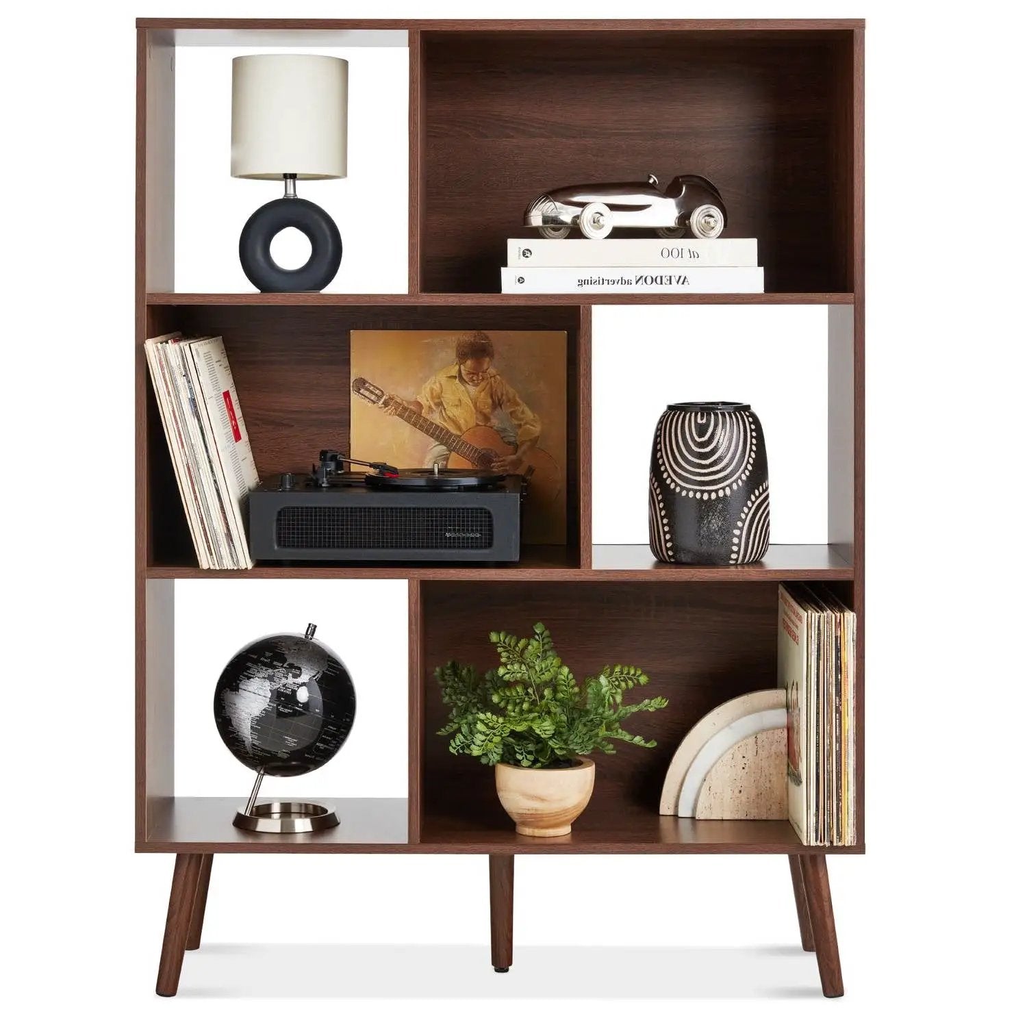 Mid Century Style Bookcase Storage Shelving Unit in Walnut Wood Finish by HomePacific
