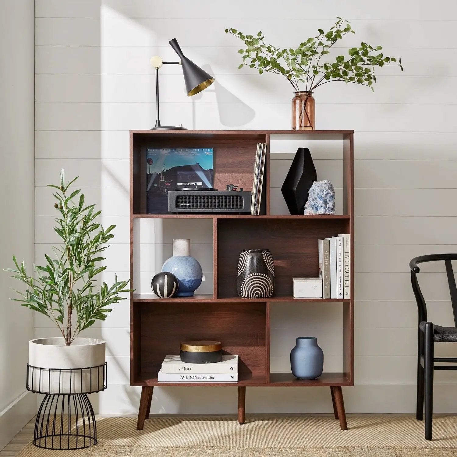 Mid Century Style Bookcase Storage Shelving Unit in Walnut Wood Finish by HomePacific