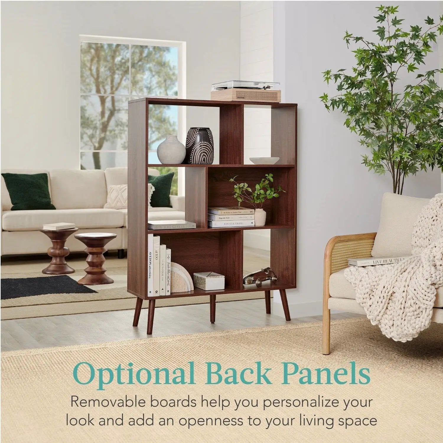 Mid Century Style Bookcase Storage Shelving Unit in Walnut Wood Finish by HomePacific