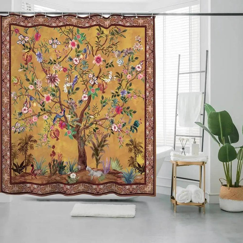 72-inch Brown Red Orange Green Floral Tree Birds Plants Flowers Shower Curtain by HomePacific