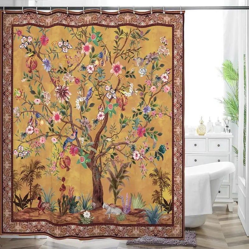 72-inch Brown Red Orange Green Floral Tree Birds Plants Flowers Shower Curtain by HomePacific