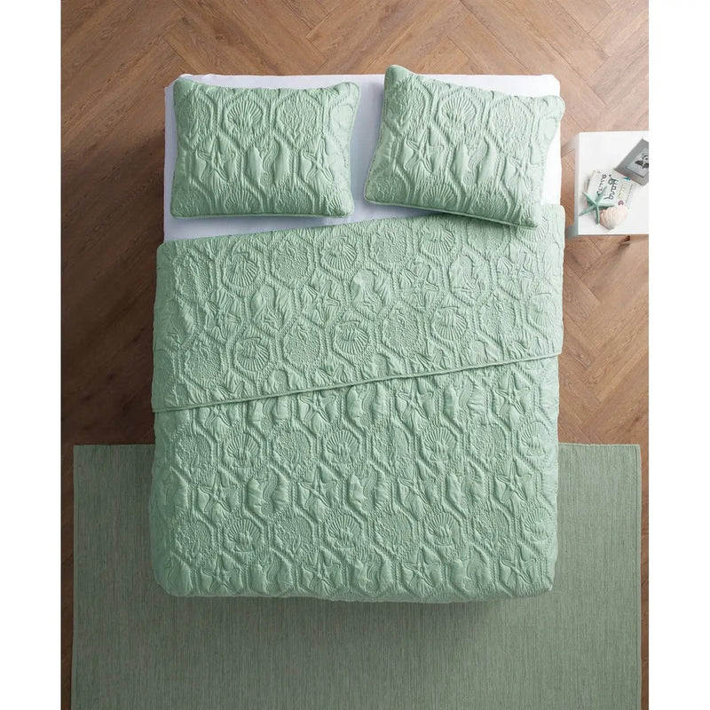 Queen Coastal Beach Starfish Seashell Seahorse Light Green Teal Quilt Set by HomePacific