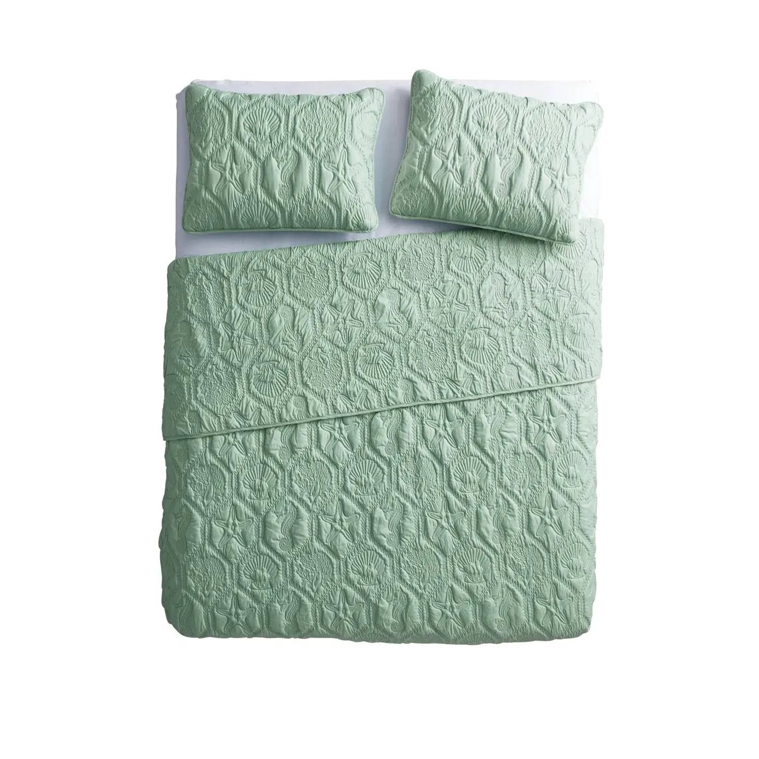 Queen Coastal Beach Starfish Seashell Seahorse Light Green Teal Quilt Set by HomePacific