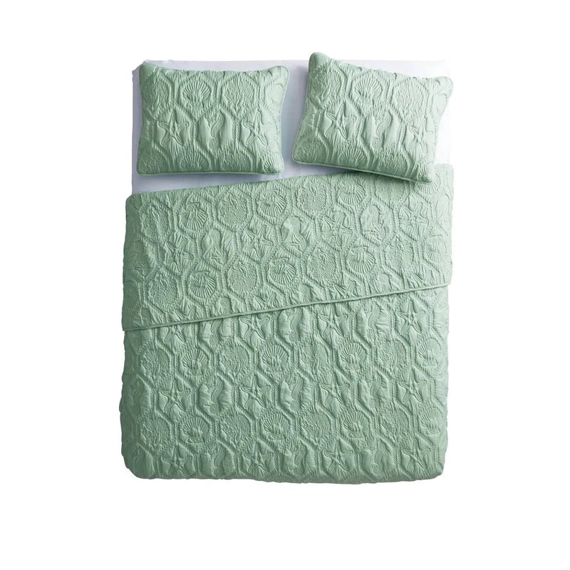 Queen Coastal Beach Starfish Seashell Seahorse Light Green Teal Quilt Set by HomePacific