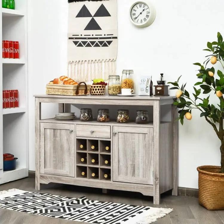 Grey Wood Sideboard Buffet Server Cabinet with Wine Rack and Storage Shelf by HomePacific
