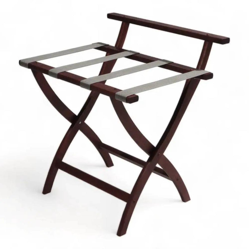 Solid Wood High Back Folding Luggage Rack with Grey Straps in Dark Brown Finish by HomePacific