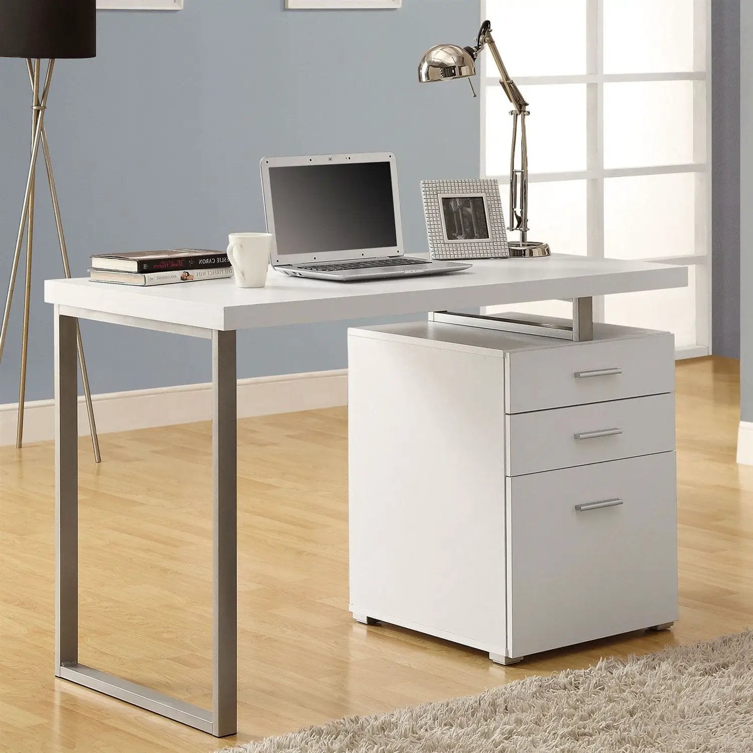 Left or Right Facing Modern Office Desk in White Finish with File Drawers by HomePacific