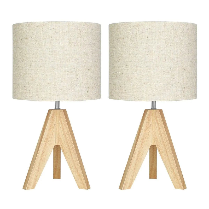 Set of 2 - Solid Wood Tripod Table Lamp with Beige Linen Drum Shade by HomePacific