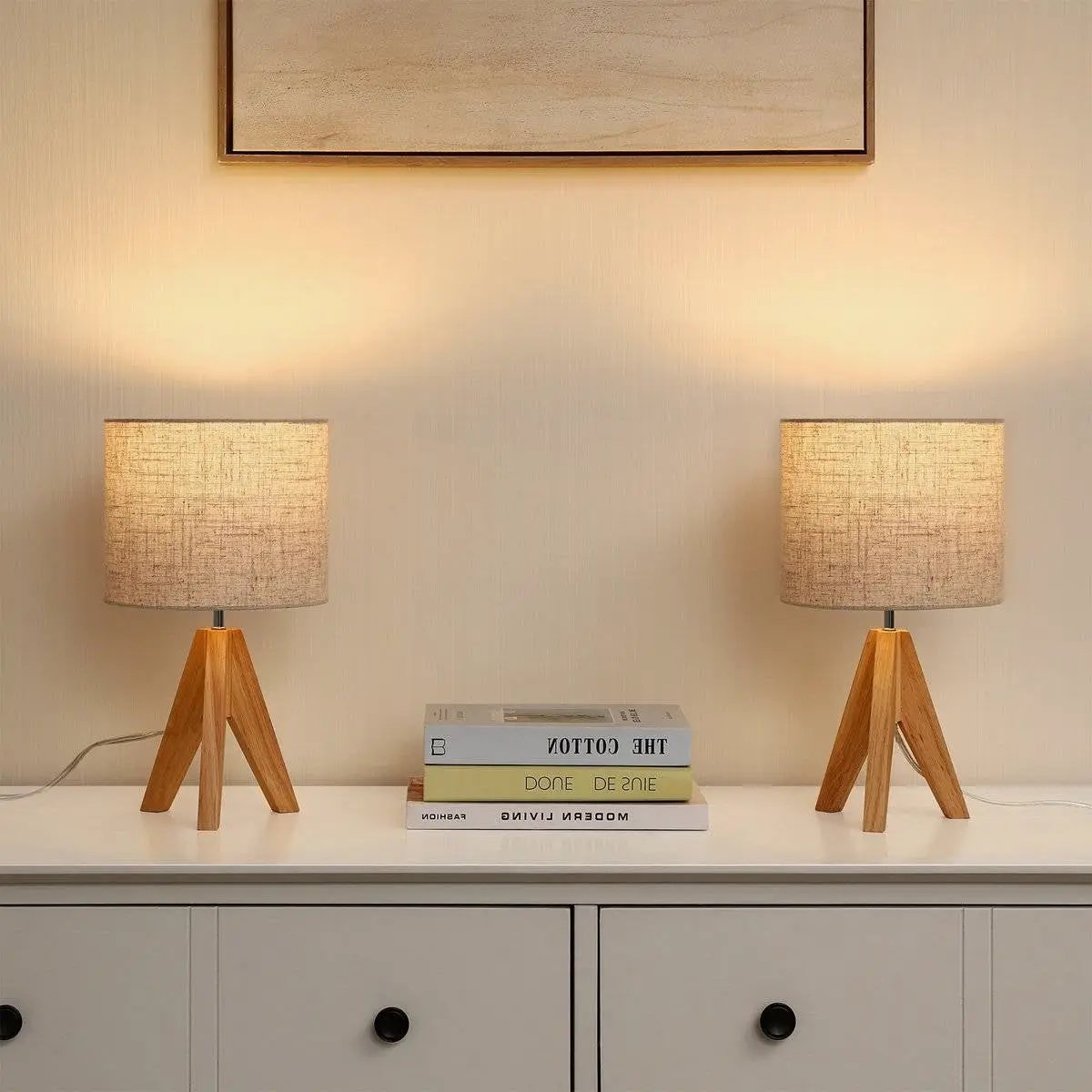Set of 2 - Solid Wood Tripod Table Lamp with Beige Linen Drum Shade by HomePacific