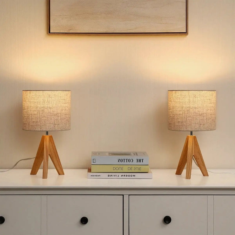 Set of 2 - Solid Wood Tripod Table Lamp with Beige Linen Drum Shade by HomePacific