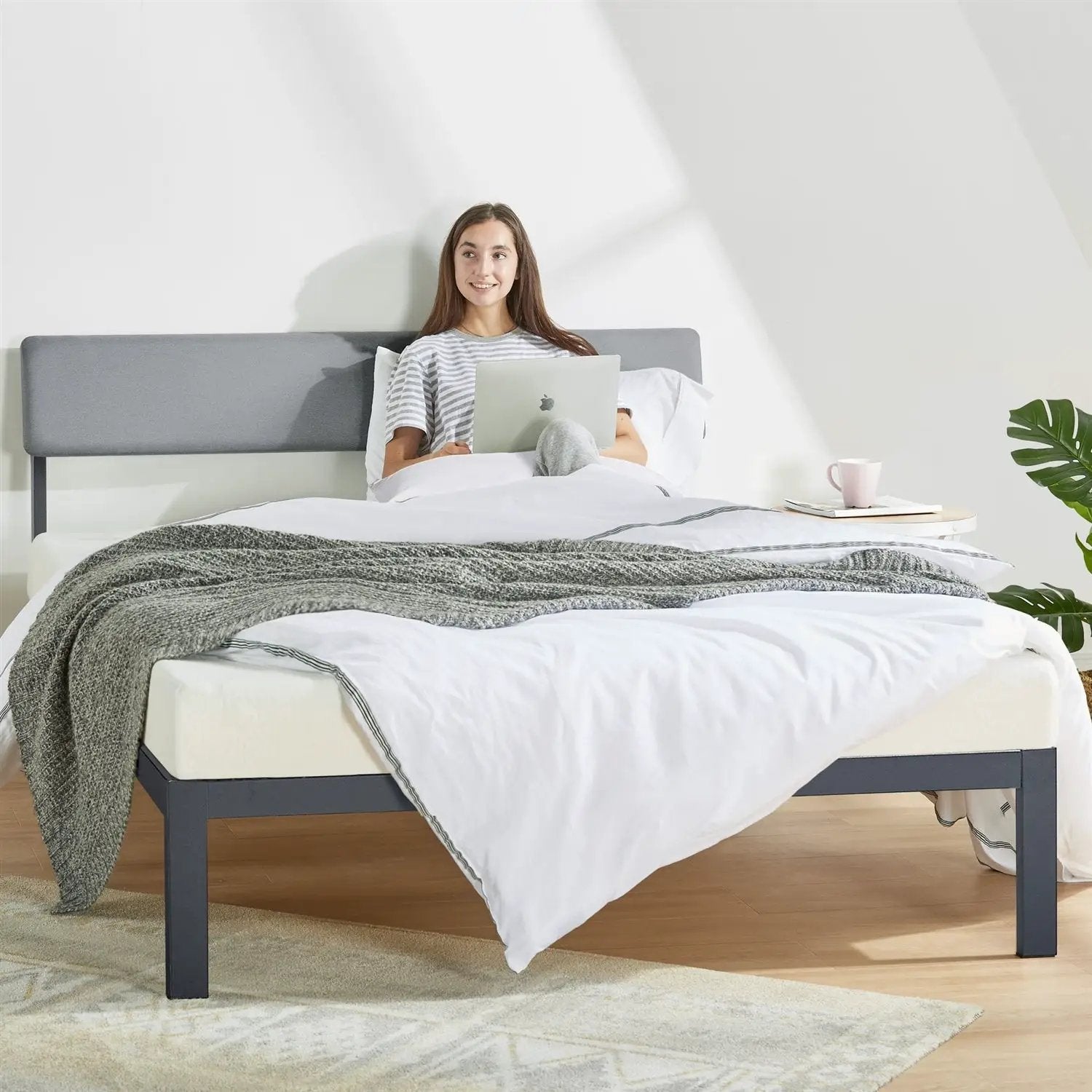 King Size Grey Soft Fabric Metal Headboard Platform Bed Wooden Slats by HomePacific