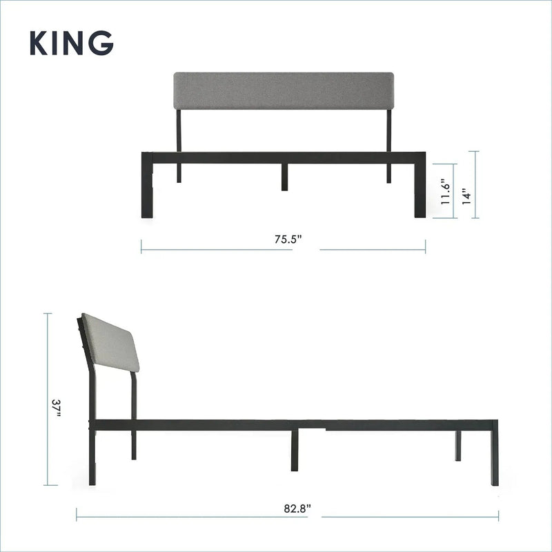 King Size Grey Soft Fabric Metal Headboard Platform Bed Wooden Slats by HomePacific
