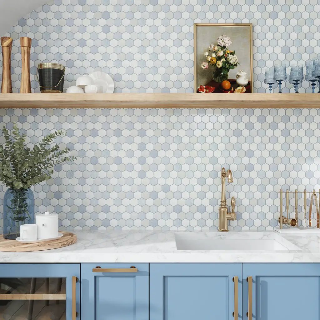 Thassos, Blue Celeste, Paper White 12x12 Polished Hexagon Marble Mosaic Tile (5 pack, 4.83 sq ft/case) by Apollo Tile