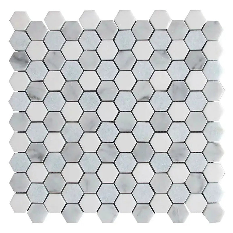 Pristine White Gray 11x12 Polished Hexagon Thassos Carrara Blue Celeste Marble Mosaic Tile (5 pack, 4.59 sq ft/case) by Apollo Tile