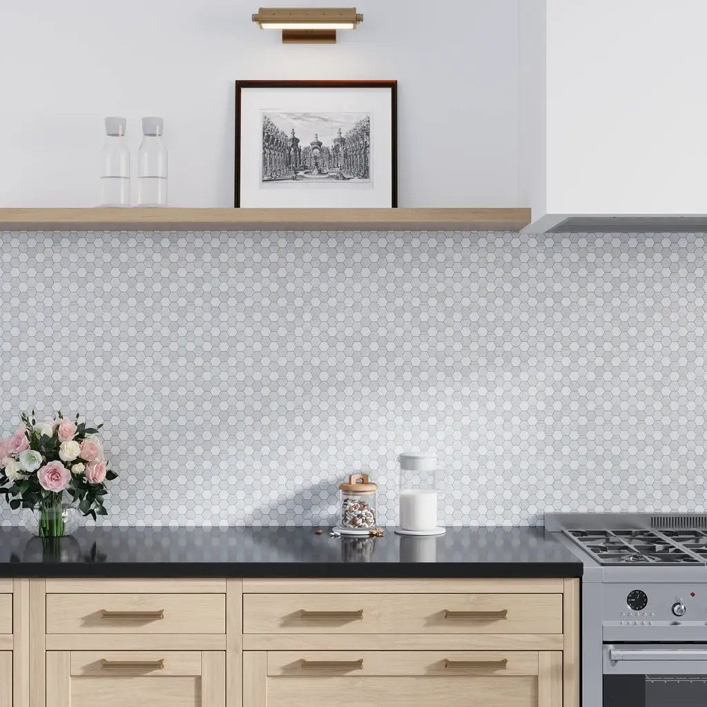 Pristine White Gray 11x12 Polished Hexagon Thassos Carrara Blue Celeste Marble Mosaic Tile (5 pack, 4.59 sq ft/case) by Apollo Tile