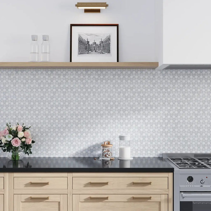 Pristine White Gray 11x12 Polished Hexagon Thassos Carrara Blue Celeste Marble Mosaic Tile (5 pack, 4.59 sq ft/case) by Apollo Tile