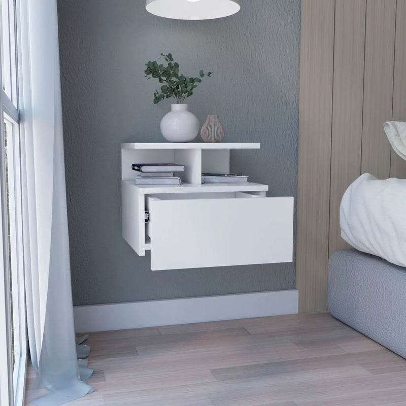 Floating Nightstand 12"H, Wall Mounted with Single Drawer and 2-Tier Shelf by HouseOfZazla