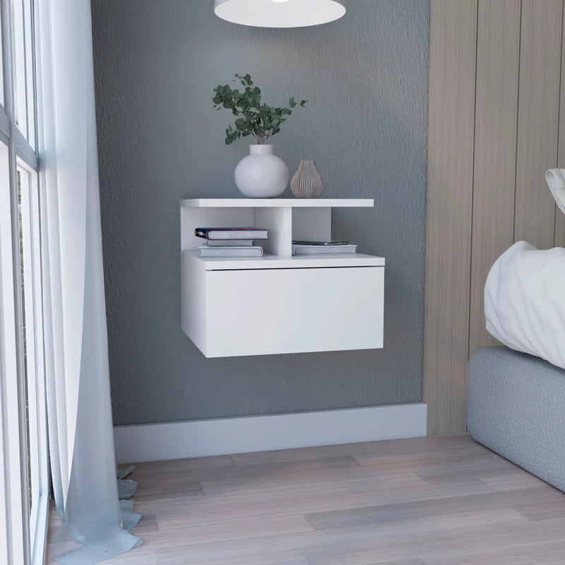 Floating Nightstand 12"H, Wall Mounted with Single Drawer and 2-Tier Shelf by HouseOfZazla