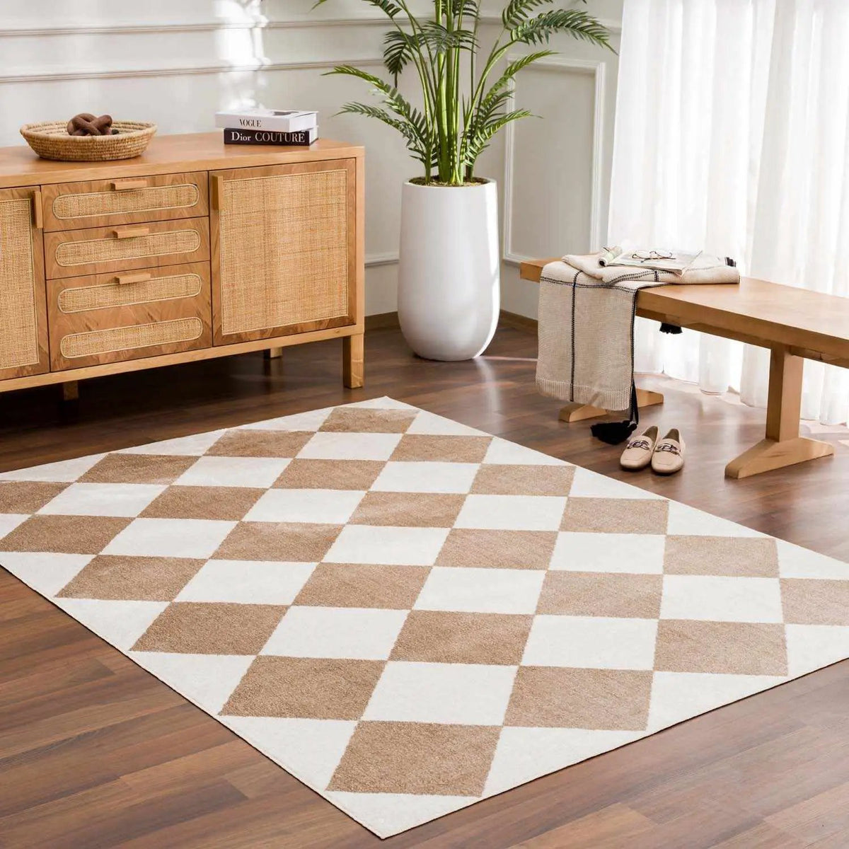 Ulric Brown Diamond Washable Area Rug, installed in a room