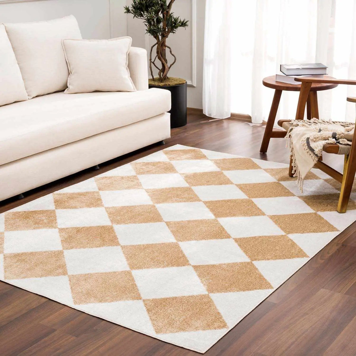 Ulric Light Brown Diamond Washable Area Rug, installed in a room