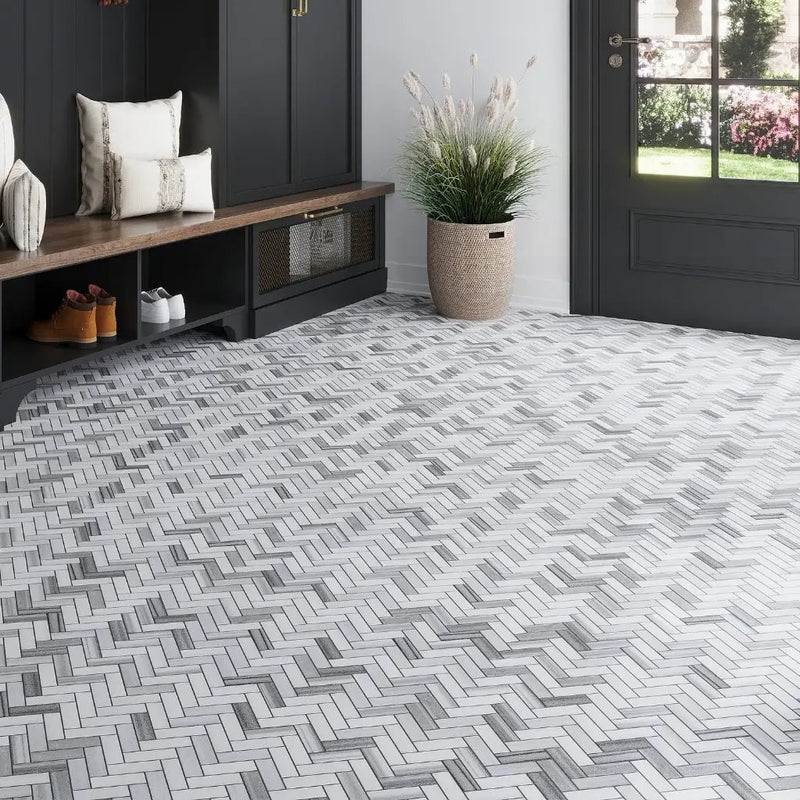 Gray 12x12 Polished Herringbone Equator Marble Mosaic Tile (5 pack, 5.29 sq ft/case) by Apollo Tile