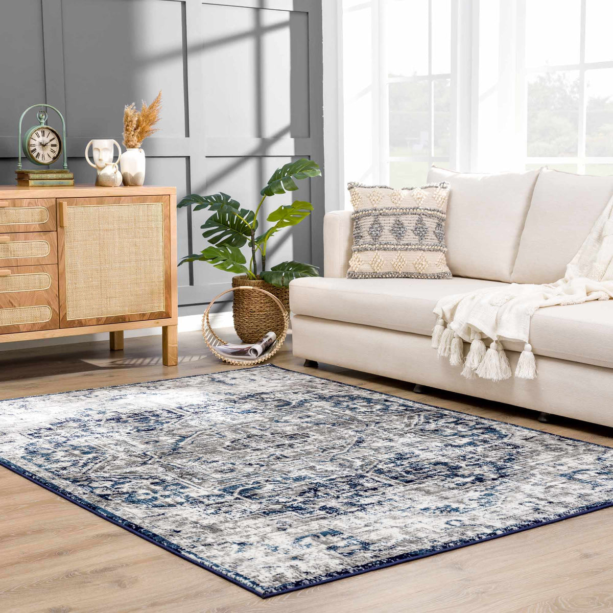 Buenaventura Navy Area Rug, installed in a room