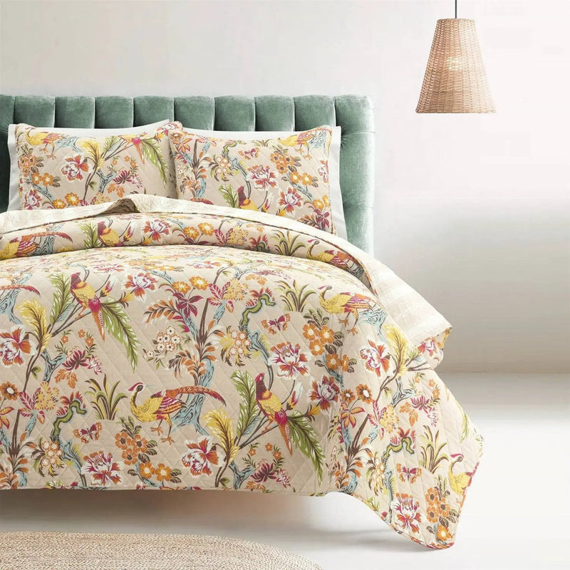 King size 3 Piece Peacock Birds Floral Lightweight Polyester Quilt Set Tan by HomePacific