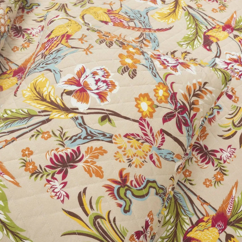 King size 3 Piece Peacock Birds Floral Lightweight Polyester Quilt Set Tan by HomePacific